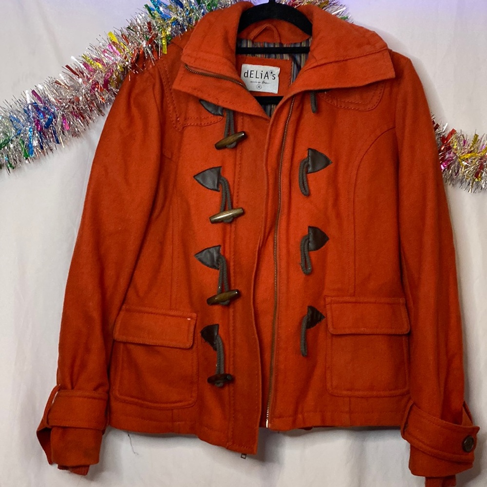Delia’s Orange Pea Coat Removable Hood Toggles Y2K Wool Blend Striped Lining